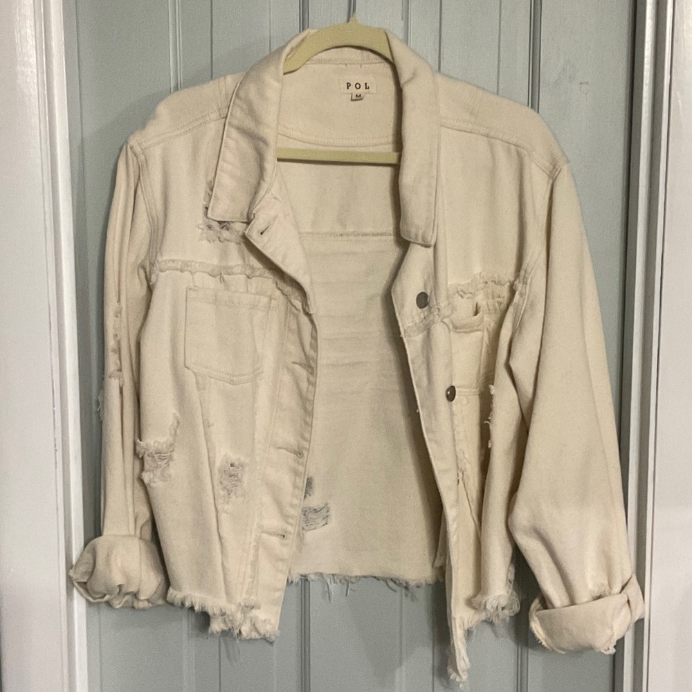 POL Women's Cream Distressed Jean Jacket